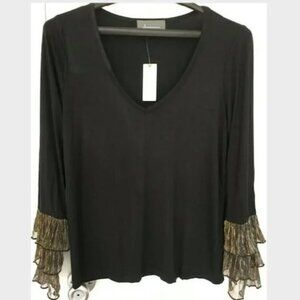 Anthropologie Black V Neck Dress Shirt Top Blouse Long Sleeves Gold Ruffles XS